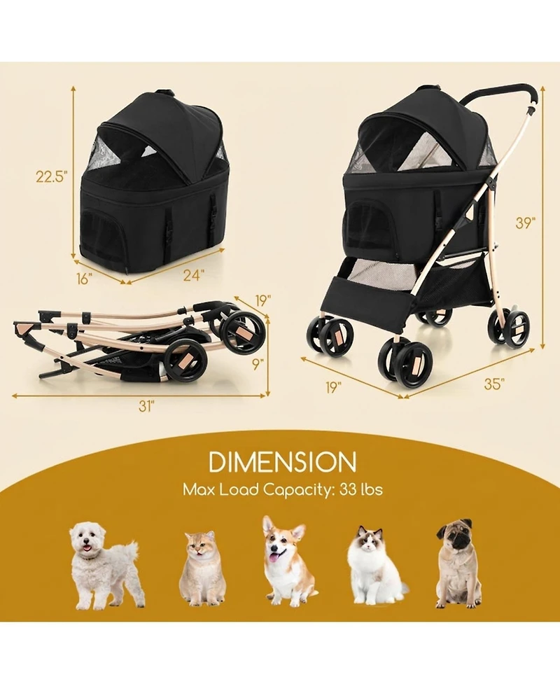 Hongge 3-in-1 Pet Stroller with Removable Carrier Car Seat and Adjustable Canopy