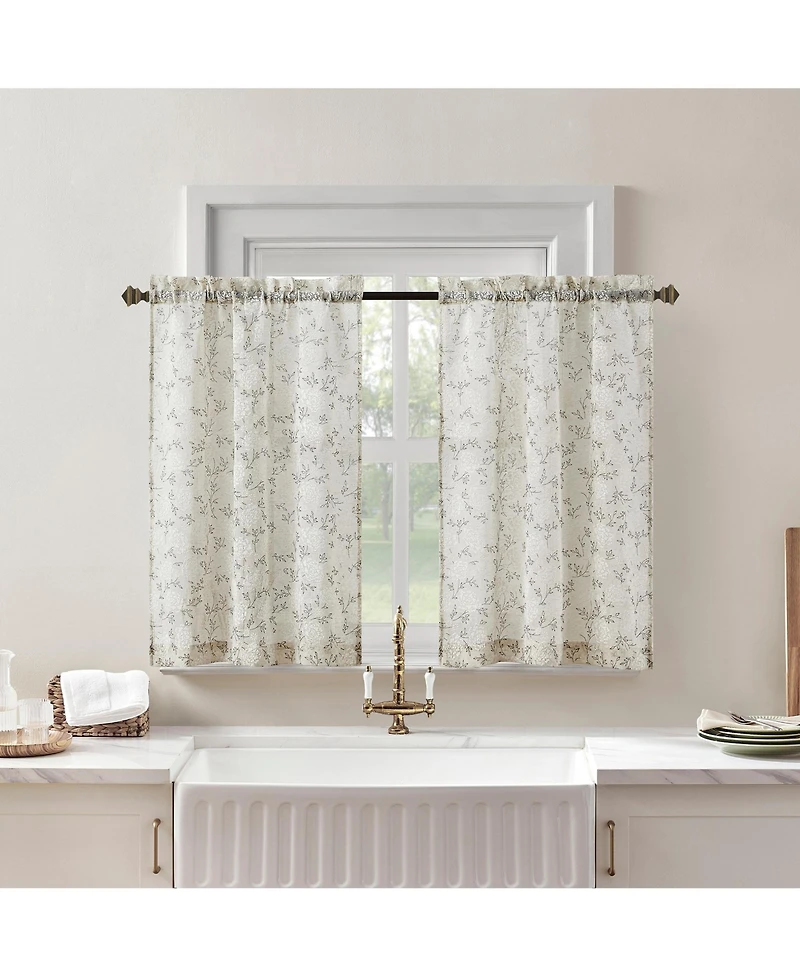 No. 918 Jacqueline Tonal Floral Puff Print Semi-Sheer Rod Pocket Kitchen Curtain Tier Pair