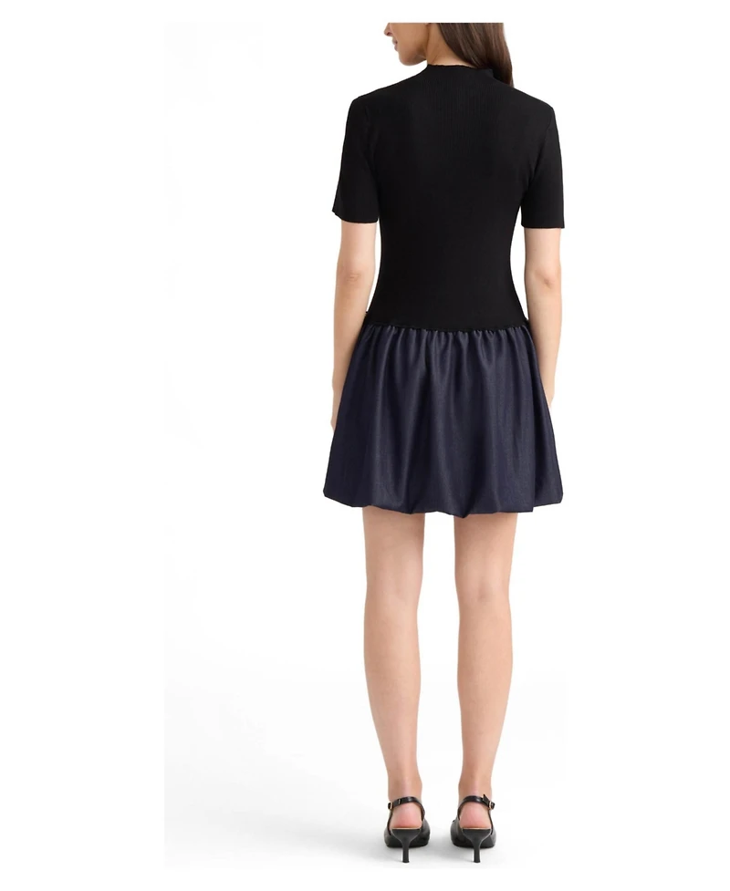 Ellen Tracy Women's Twofer Mock Neck Short Sleeve Bubble Skirt Mini Dress