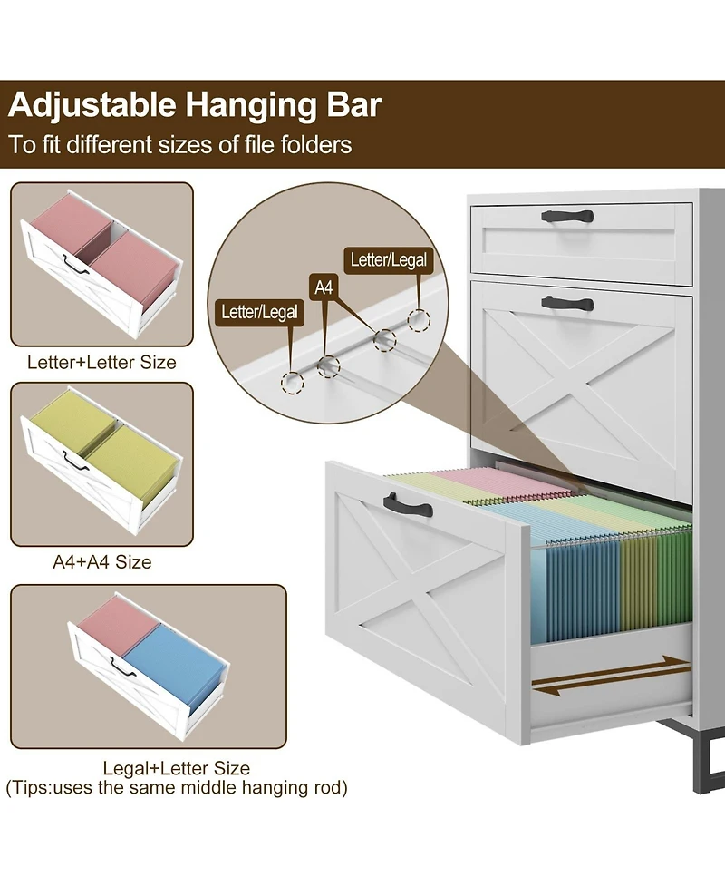 Vabches File Cabinet 3 Drawers Lateral File Cabinet for Letter/Legal/A4 Size Hanging Files