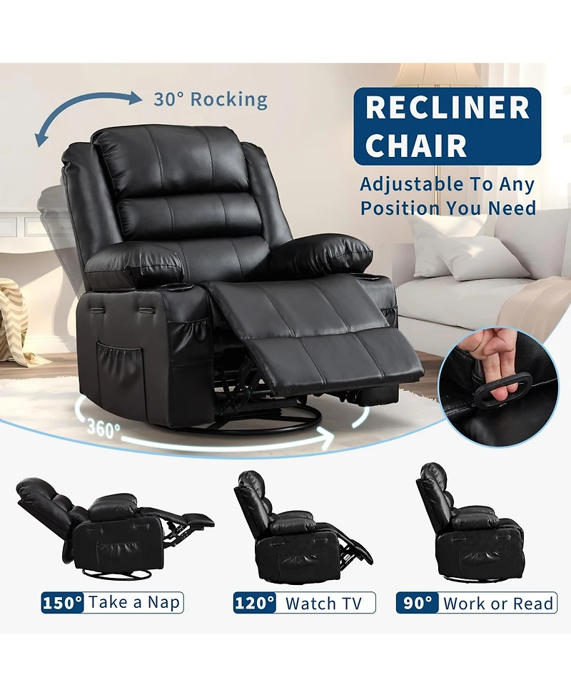 homfan Rocking Recliner Chair for Adults Manual Swivel Rocker with Cup Holders Leather Upholstered Comfy Single Sofa