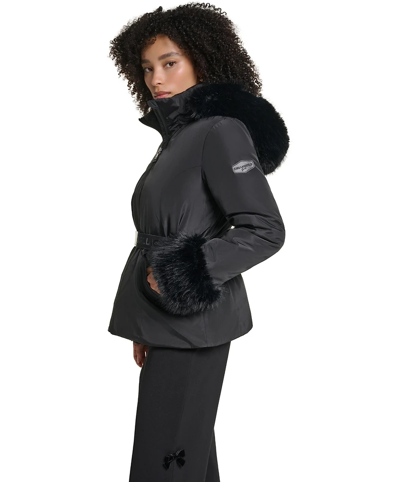 Karl Lagerfeld Paris Women's Faux-Fur Trim Cuff and Hood Belted Puffer Jacket