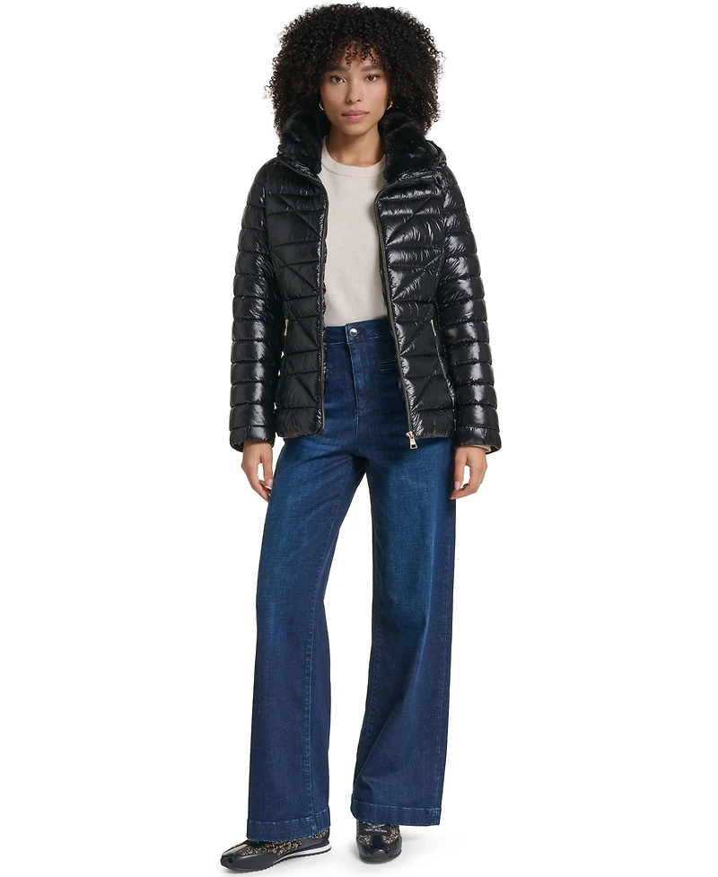 Karl Lagerfeld Paris Women's Short Hooded Faux Fur Collar Puffer Jacket