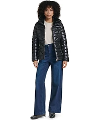 Karl Lagerfeld Paris Women's Short Hooded Faux Fur Collar Puffer Jacket