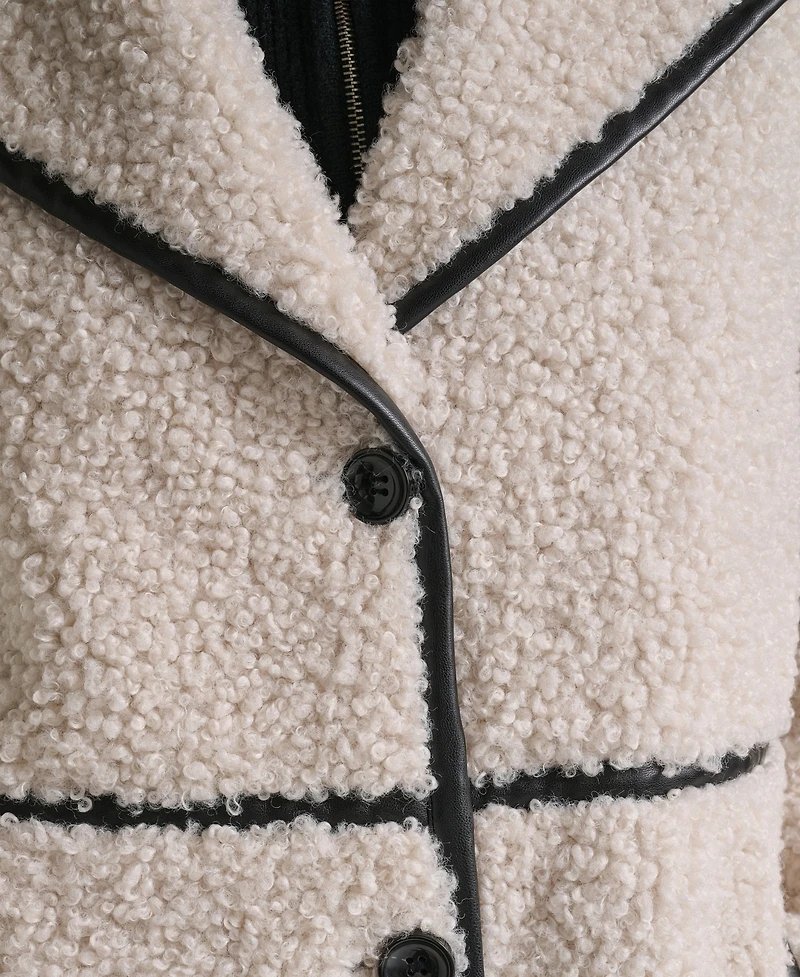 Karl Lagerfeld Paris Women's Faux-Leather-Trim Teddy Coat