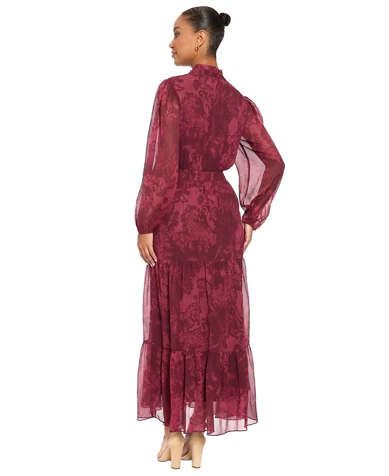 London Times Women's Floral-Print Sheer Long-Sleeve Tiered Long Dress