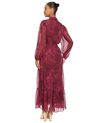 London Times Women's Floral-Print Sheer Long-Sleeve Tiered Long Dress