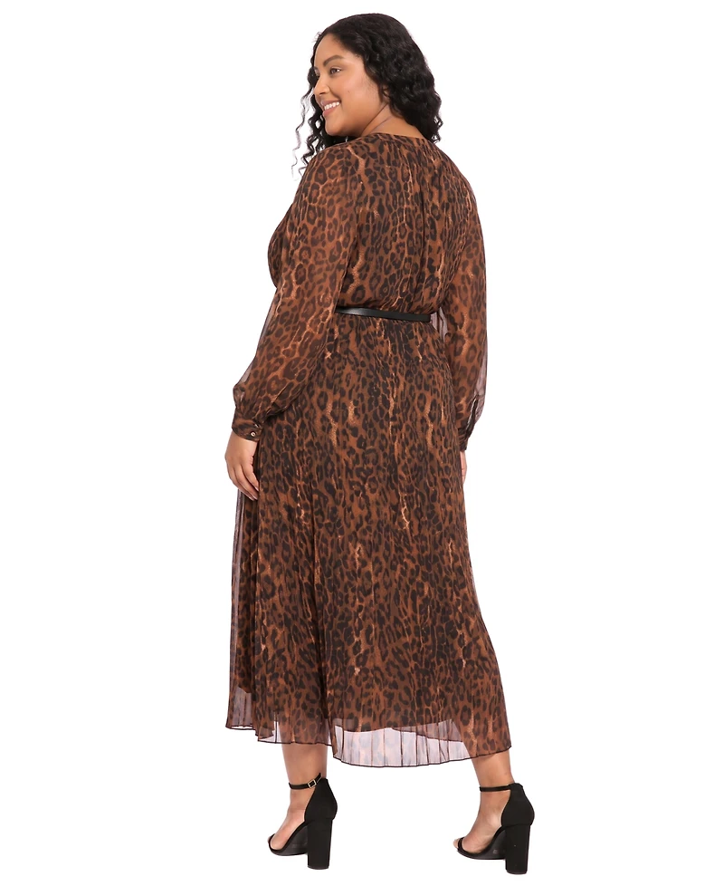 London Times Plus Pleated Skirt Belted Mid Animal-Print Chiffon Dress