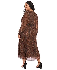 London Times Plus Pleated Skirt Belted Mid Animal-Print Chiffon Dress