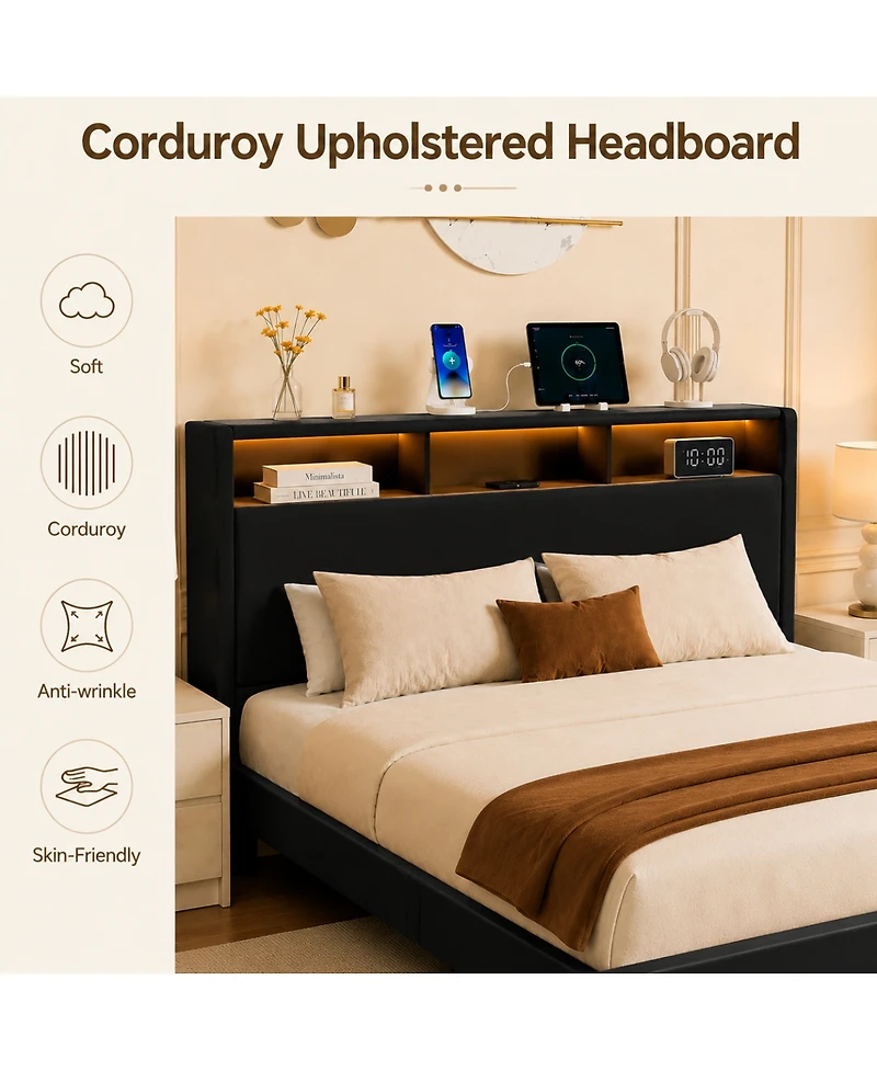 Streamdale Furniture Full-Size Upholstered Storage Bed with Led Headboard, Charging Station and Drawers