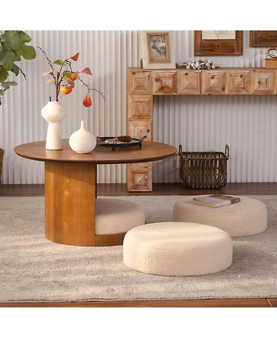 Streamdale Furniture 31.5" Round Wood Coffee Table with 3 Teddy Fabric Nesting Stools