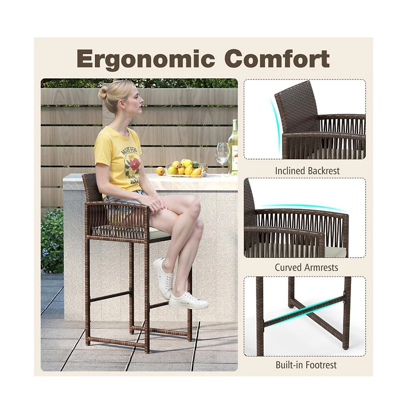 Boyel Living Outdoor Pe Wicker Bar Stools Set of 2 Patio Bar Height Chairs with Cushions