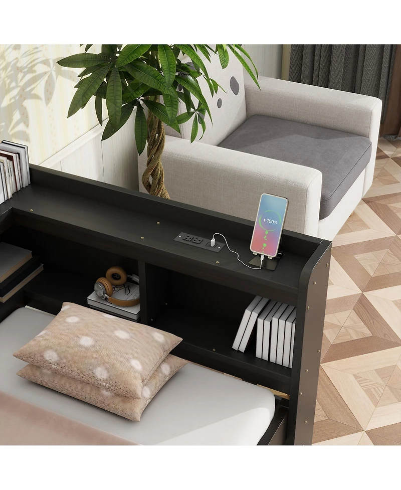 Sailvan L-shaped Bookcases Bed with Power Outlets, Usb Charging Ports, Two Drawers
