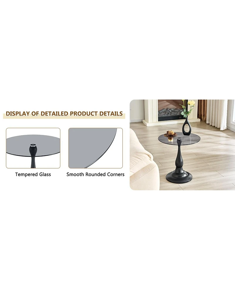 Streamdale Furniture Vintage Matte Round Metal Side Table with Glass Top (19.6)