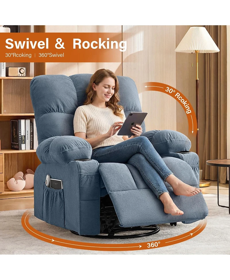 Streamdale Furniture Oversized Swivel Massage Recliner with Lumbar Heat, Usb Port, and Side Pocket