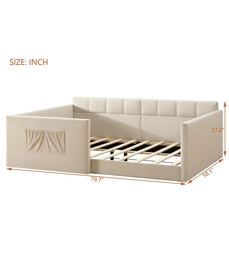 Streamdale Furniture Velvet Upholstered Full Size Daybed with Side Storage Pockets