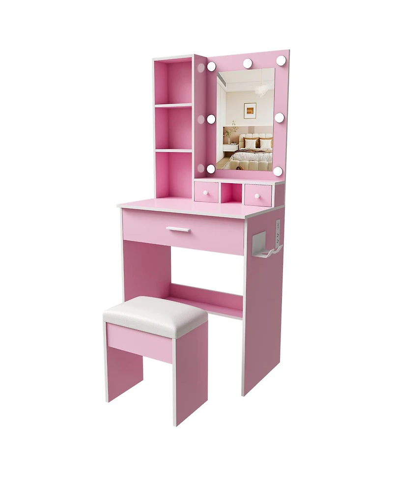 Streamdale Furniture Vanity Table with Led Mirror, Power Outlet, Hairdryer Holder and Stool