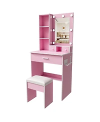 Streamdale Furniture Vanity Table with Led Mirror, Power Outlet, Hairdryer Holder and Stool