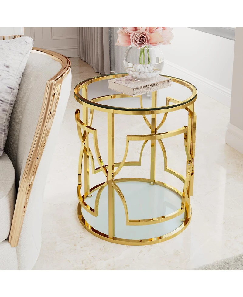 Streamdale Furniture 19.7" Luxury Round Side Table with Tempered Glass Top and Storage Shelf