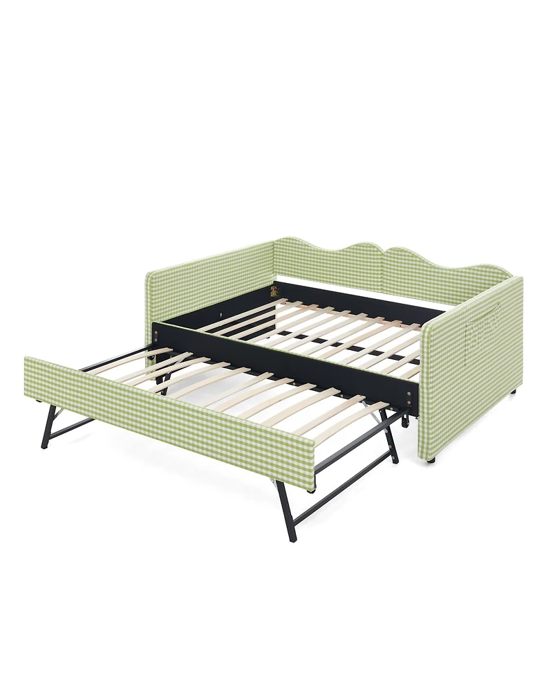 Streamdale Furniture Gingham Upholstered Full-Size Daybed with Trundle and Side Storage Pocket