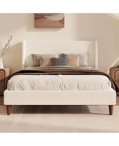 Streamdale Furniture Modern Boucle Wingback Platform Bed with Walnut Legs