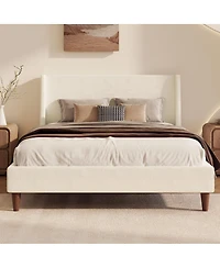 Streamdale Furniture Modern Boucle Wingback Platform Bed with Walnut Legs