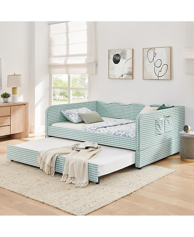 Streamdale Furniture Gingham Upholstered 3-in-1 Full-Size Daybed with Trundle and Storage