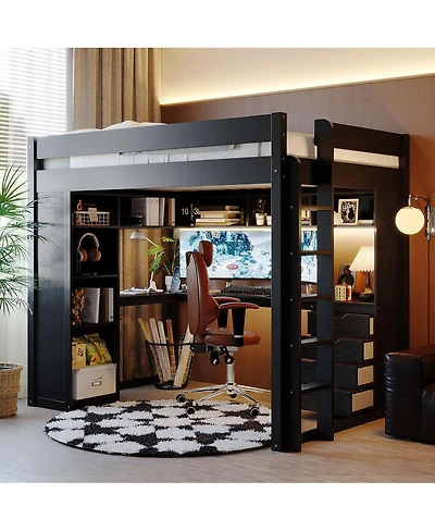 Streamdale Furniture Solid Wood Loft Bed with L-Shaped Desk, Drawers, and Led Lights