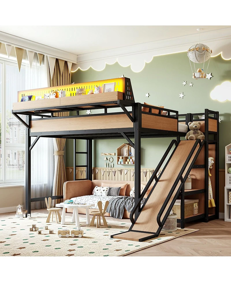Streamdale Furniture Queen Loft Bed with Slide, Storage, Wardrobe, Usb, Led and Pegboard