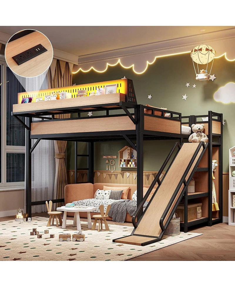 Streamdale Furniture Queen Loft Bed with Slide, Storage, Wardrobe, Usb, Led and Pegboard