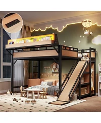 Streamdale Furniture Queen Loft Bed with Slide, Storage, Wardrobe, Usb, Led and Pegboard