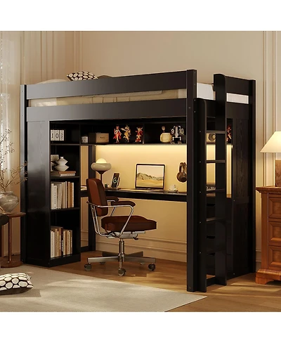 Streamdale Furniture Twin Loft Bed with L-Shaped Desk, Drawers, Shelves, and Led Lights