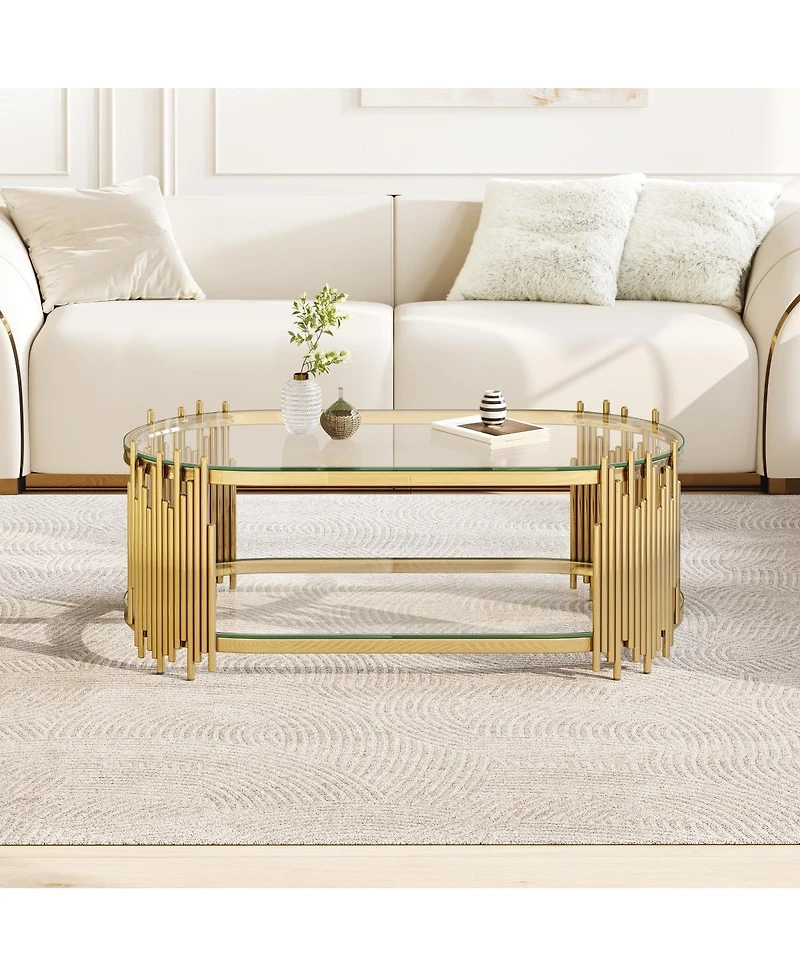 Streamdale Furniture Luxury 2-Tier Oval Glass Coffee Table with Organ Pipe Design