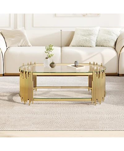 Streamdale Furniture Luxury 2-Tier Oval Glass Coffee Table with Organ Pipe Design