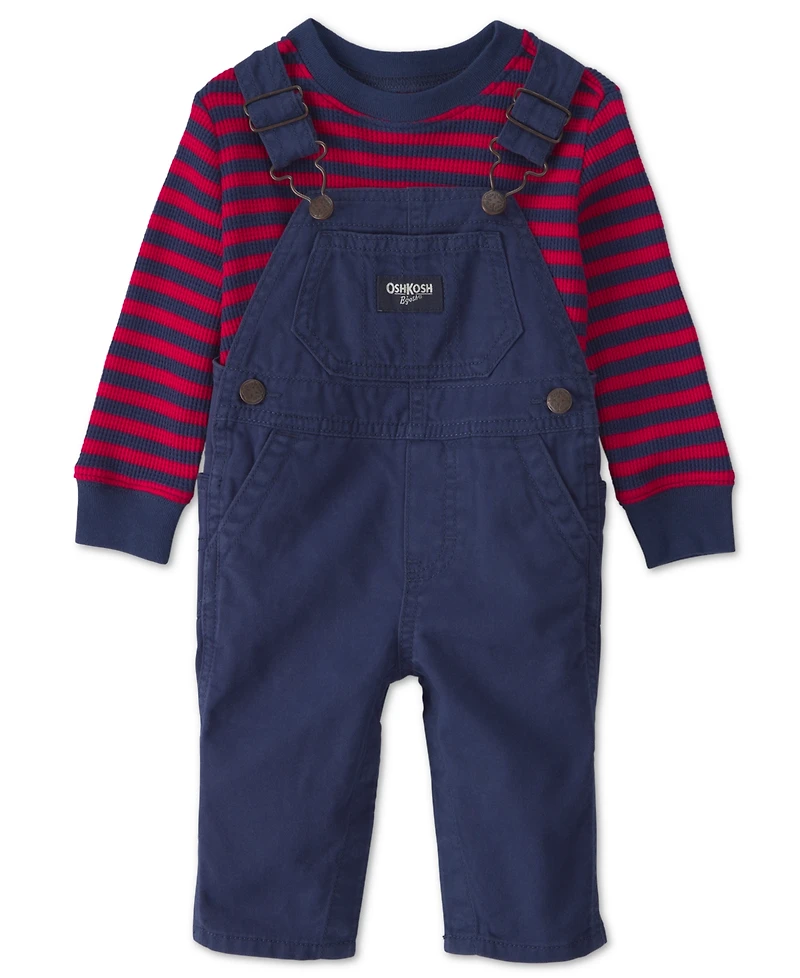 Osh Kosh Baby Boys' Long-Sleeve Striped Thermal Top and Twill Jumper, 2-Piece Set