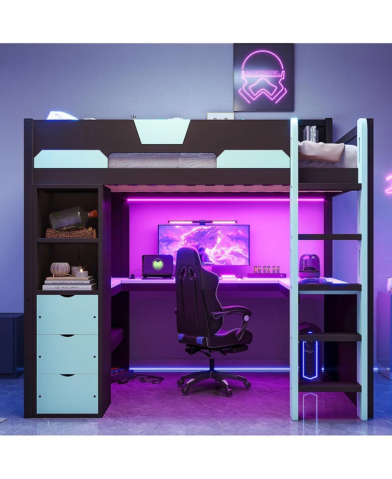Streamdale Furniture Full Size Wooden Gaming Loft Bed with Desk