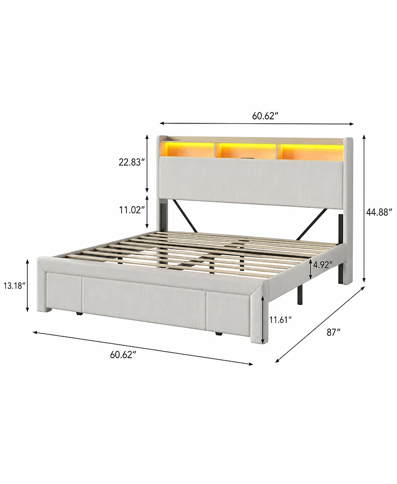 Streamdale Furniture Queen-Size Upholstered Storage Bed with Led Lights, Charging Station and Drawers