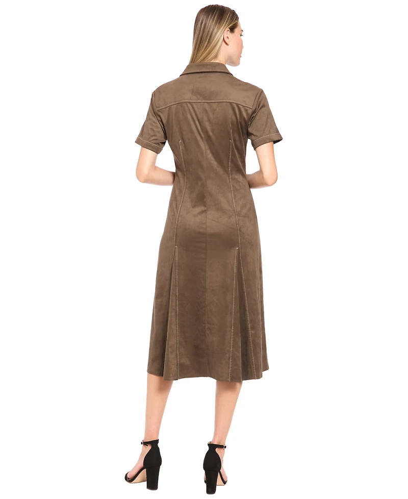 Luxely Women's Collared Button-Front A-Line Midi Dress