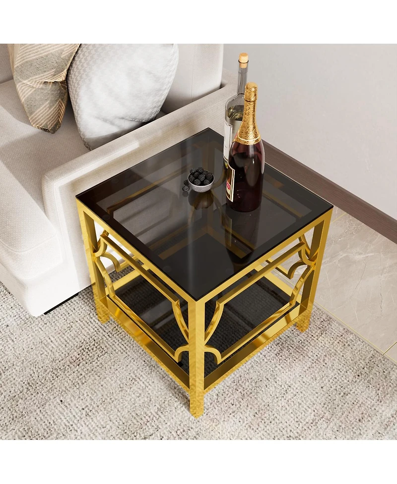 Streamdale Furniture 19.7" Modern Square Side Table with Tempered Glass Top and Storage Shelf