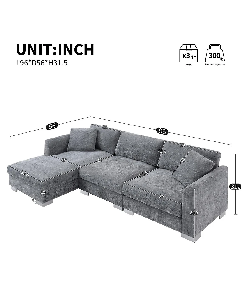 Streamdale Furniture 96" Modern L-Shaped Chenille Sectional Sofa with 2 Pillows