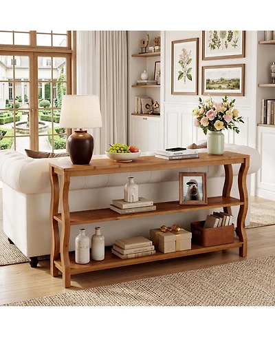 Tribesigns 63" Solid Wood Console Table with 3-Tier Storage, Farmhouse Sofa Table Behind Couch