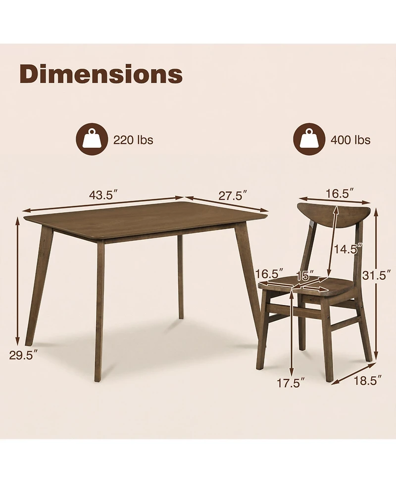 Gymax 5 Piece Solid Wood Dining Table Set Mid Century Kitchen Table and Chairs Set for 4