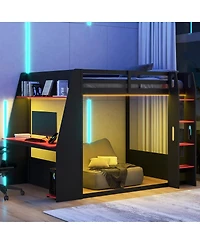 Streamdale Furniture Full Size Wooden Gaming Bunk Bed with Desk, Two Storage Shelves, Usb and Led Light