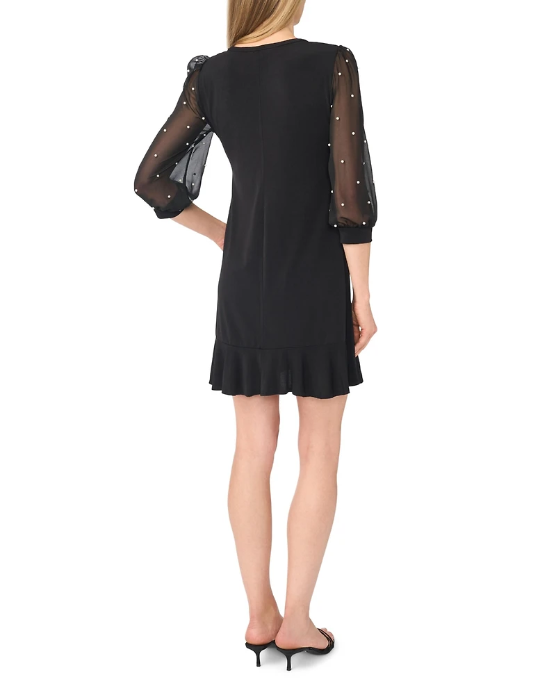 CeCe Women's Pearl Sleeve Mix Media Sheer Ruffled-Hem Dress