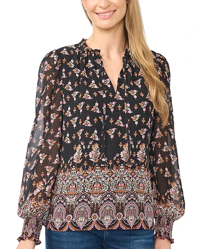 CeCe Women's V-Neck Keyhole-Tie Ruffle Long-Sleeve Blouse