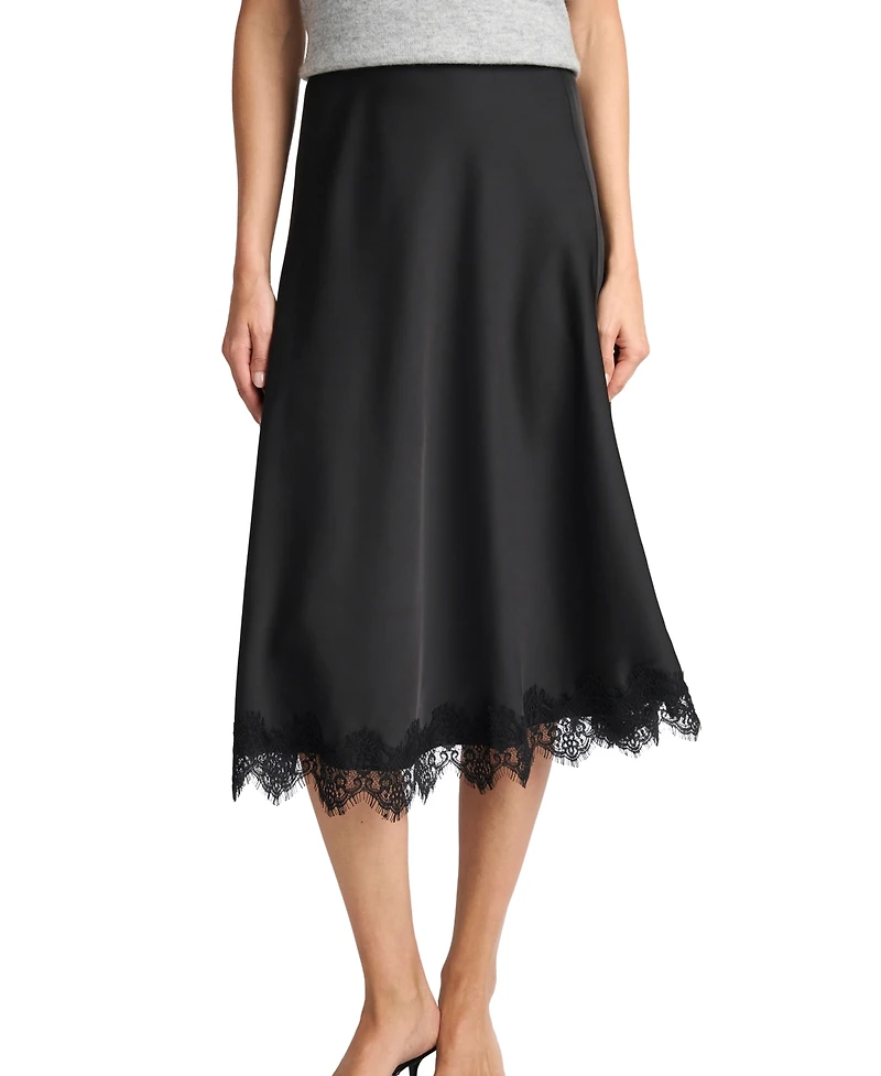 CeCe Women's Satin Lace Trim A-Line Midi Skirt