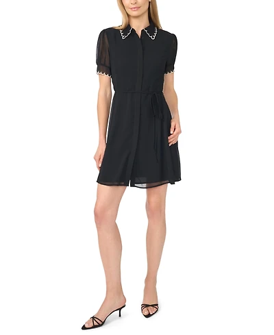 CeCe Women's Contrast Stitch Short-Sleeve Scallop Mini Dress With Tie Waist