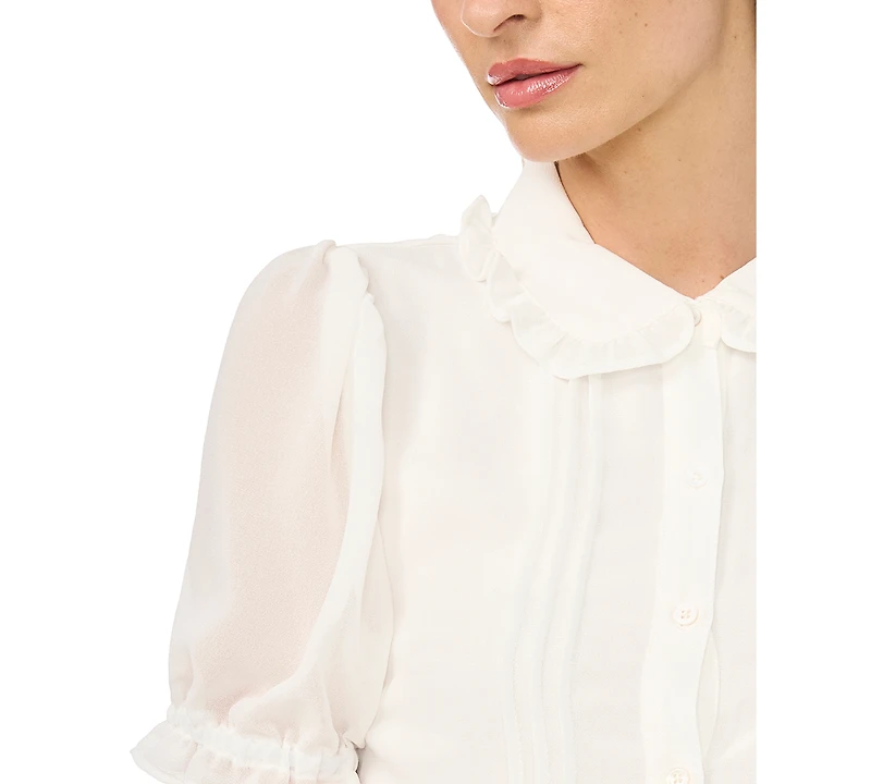CeCe Women's Ruffle-Collar Cropped Button-Front Short-Sleeve Top