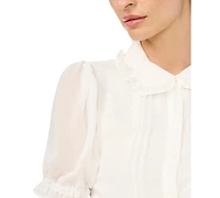 CeCe Women's Ruffle-Collar Cropped Button-Front Short-Sleeve Top