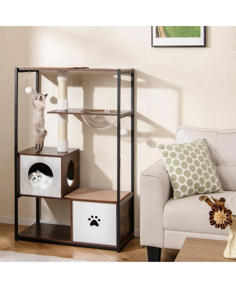 Hongge Metal-Frame Cat Tree with Two Enclosed Condos